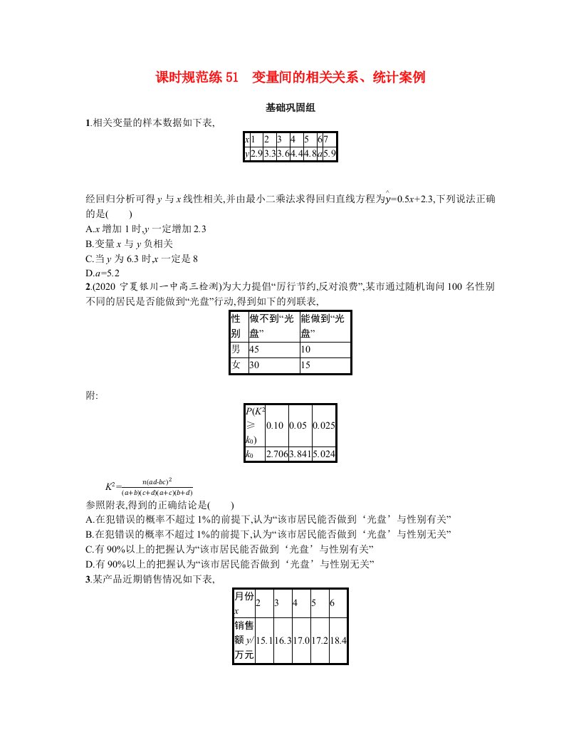 2022高考数学一轮复习课时规范练51变量间的相关关系统计案例文含解析新人教A版