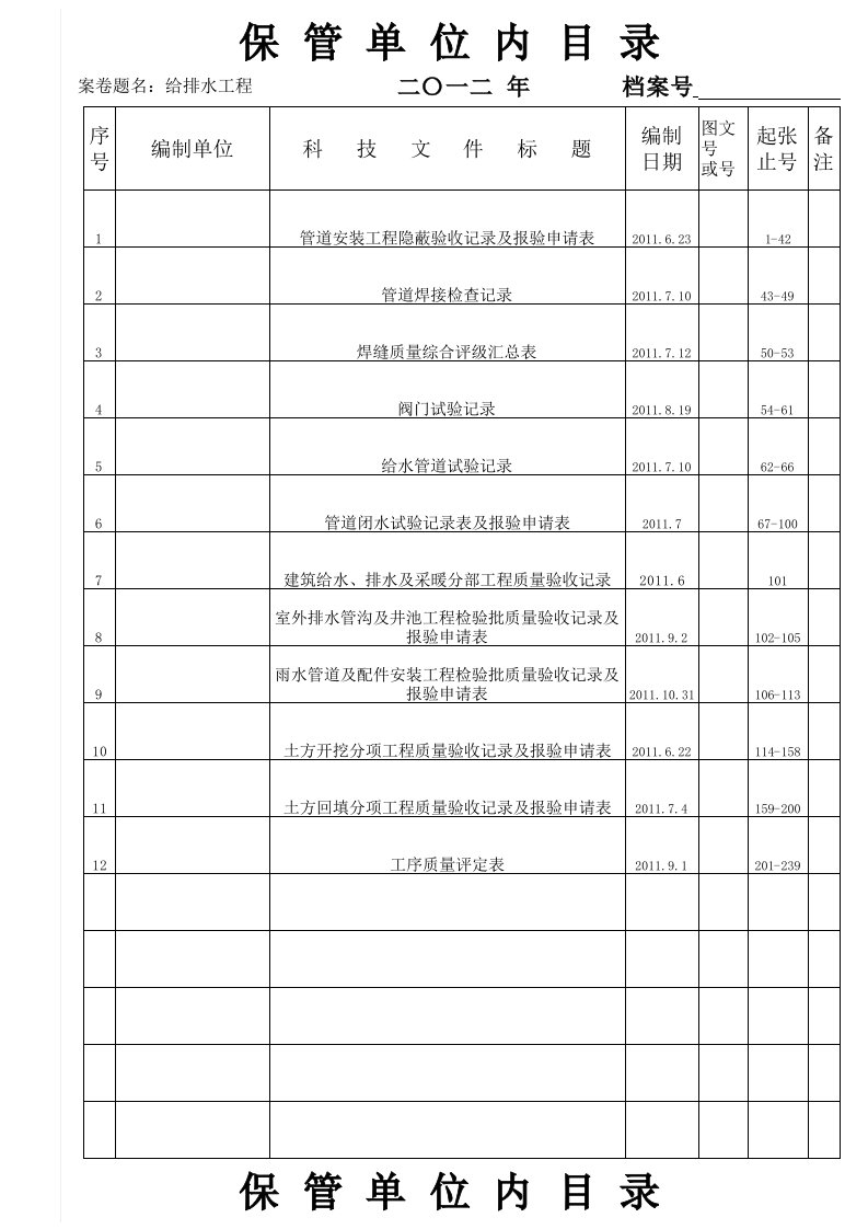 污水处理厂安装资料归档卷内目录