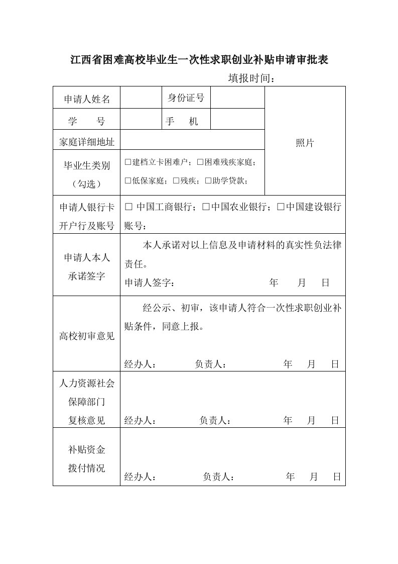 江西困难高校毕业生一次性求职创业补贴申请审批表