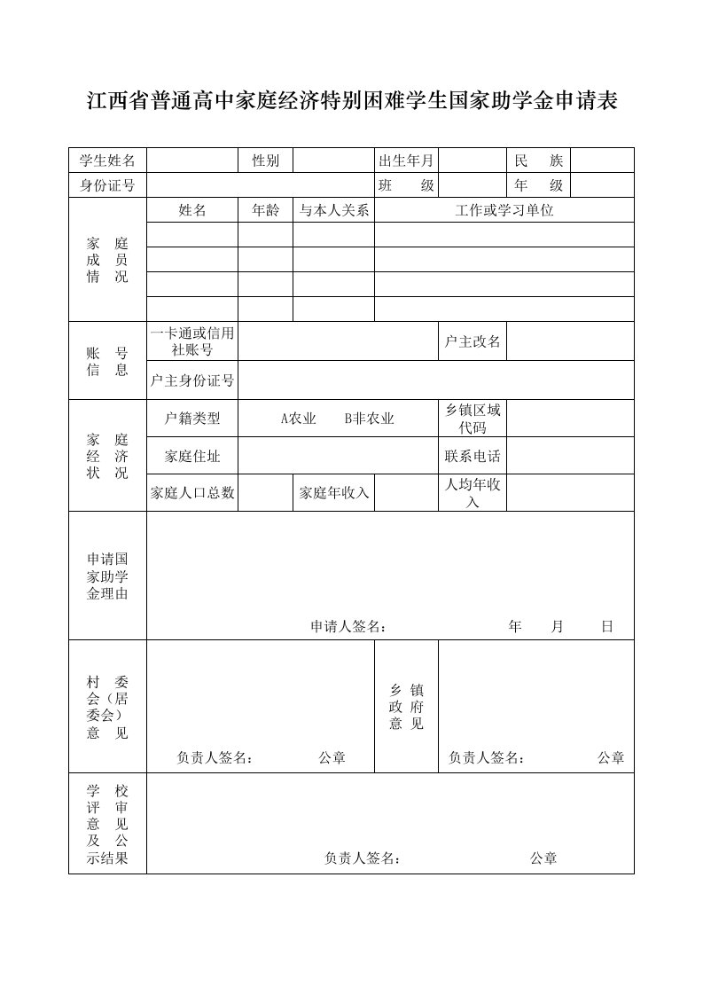 江西省普通高中家庭经济特别困难学生国家助学金申请表