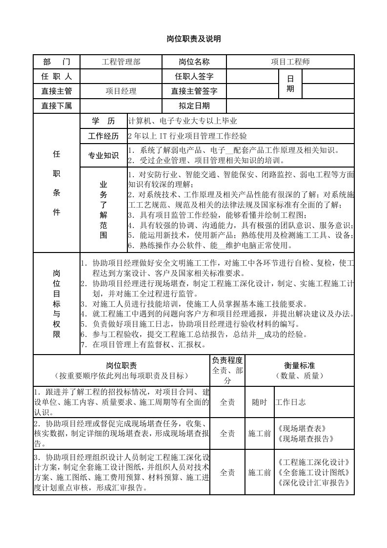 工程项目工程师岗位职责