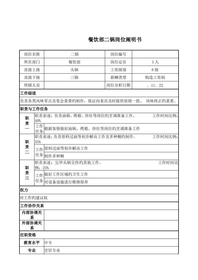 餐饮部二锅岗位基本职责