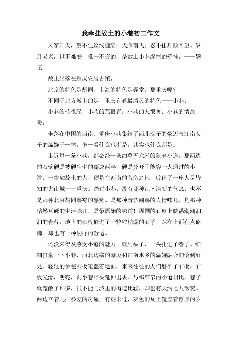 我牵挂故乡的小巷初二作文