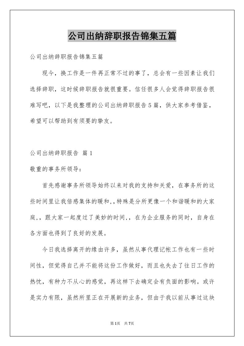 公司出纳辞职报告锦集五篇