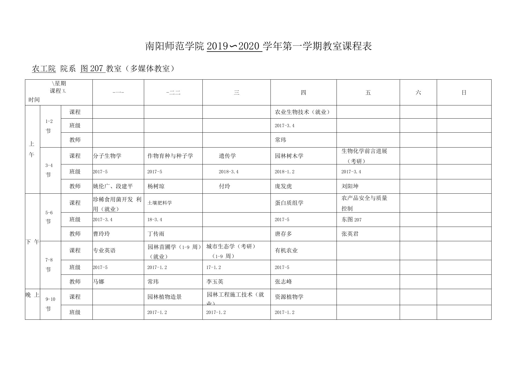 南阳师范学院2019~2020学年第一学期教室课程表