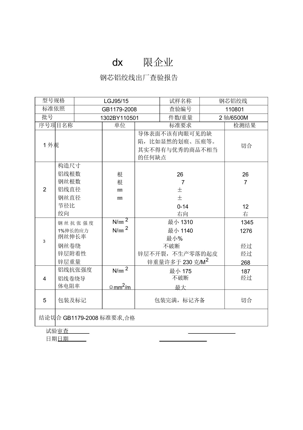 钢芯铝绞线电缆检验报告