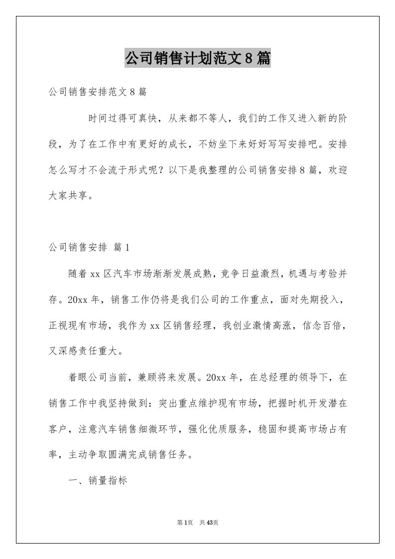 公司销售计划范文8篇精选