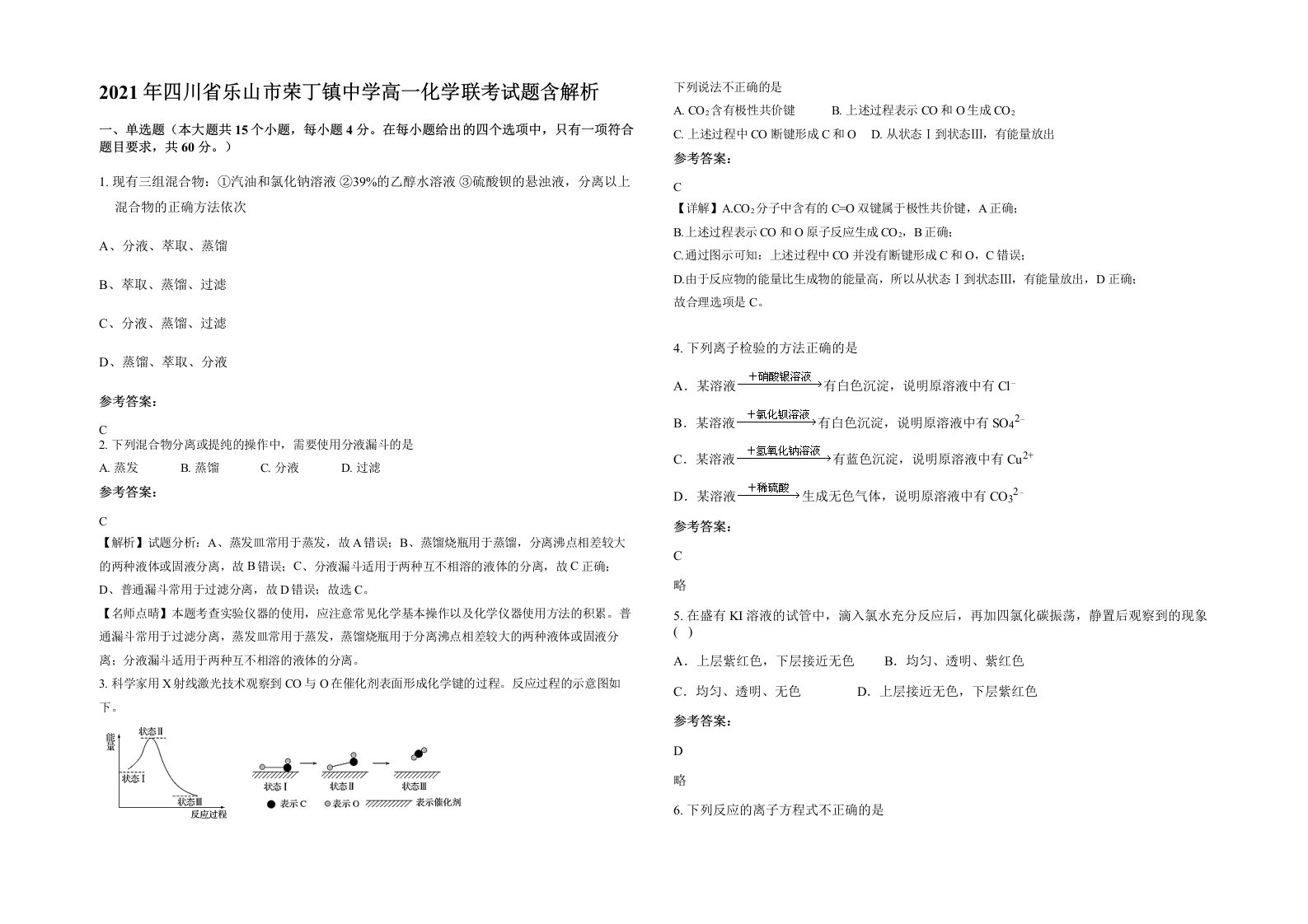 2021年四川省乐山市荣丁镇中学高一化学联考试题含解析