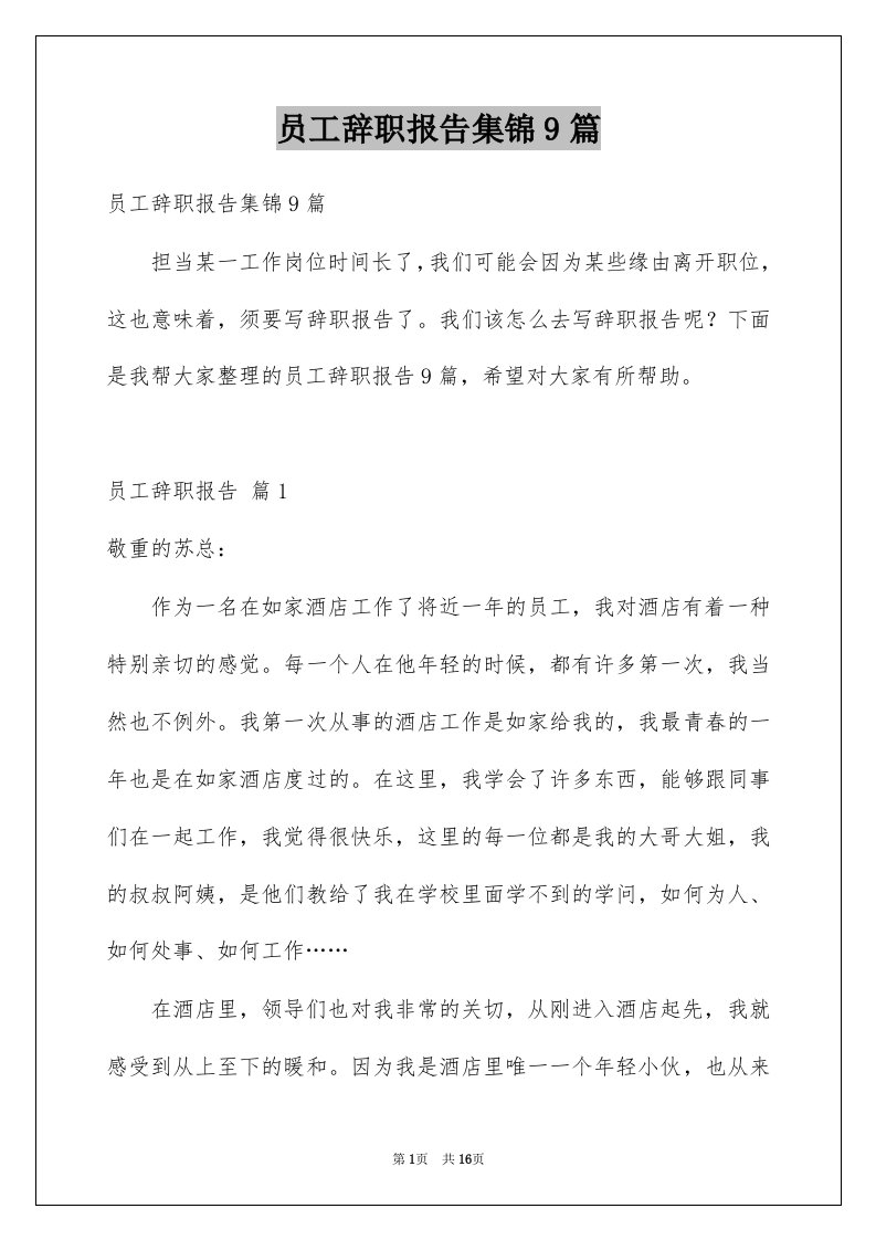 员工辞职报告集锦9篇例文