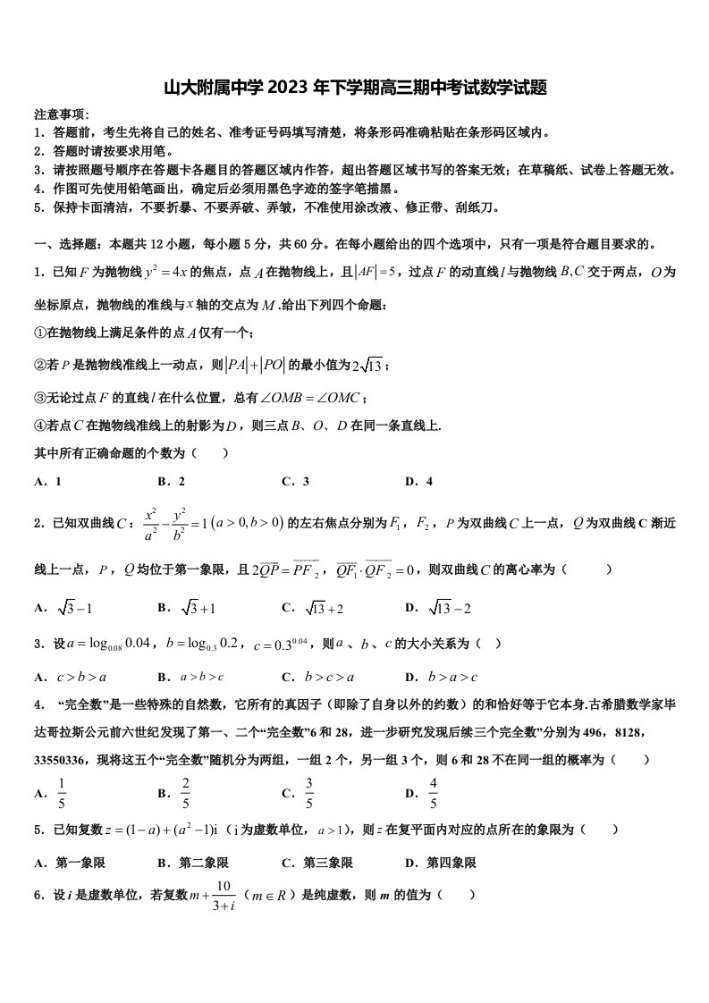 山大附属中学2023年下学期高三期中考试数学试题