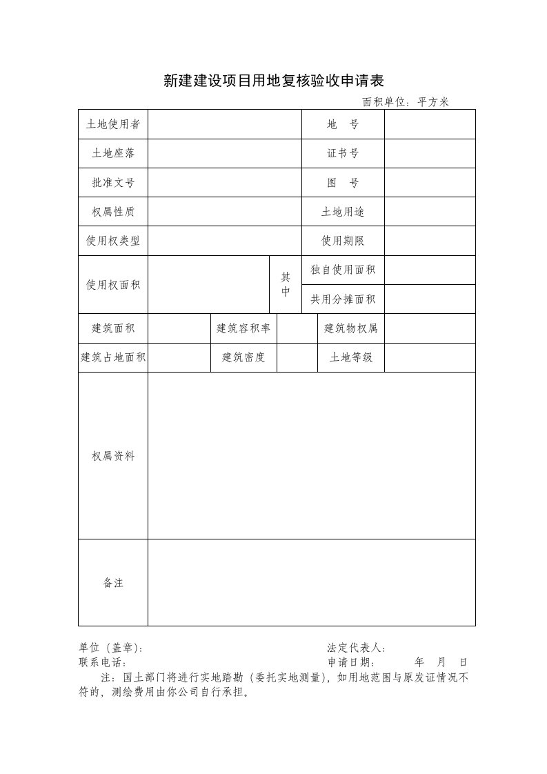 新建建设项目用地复核验收申请表