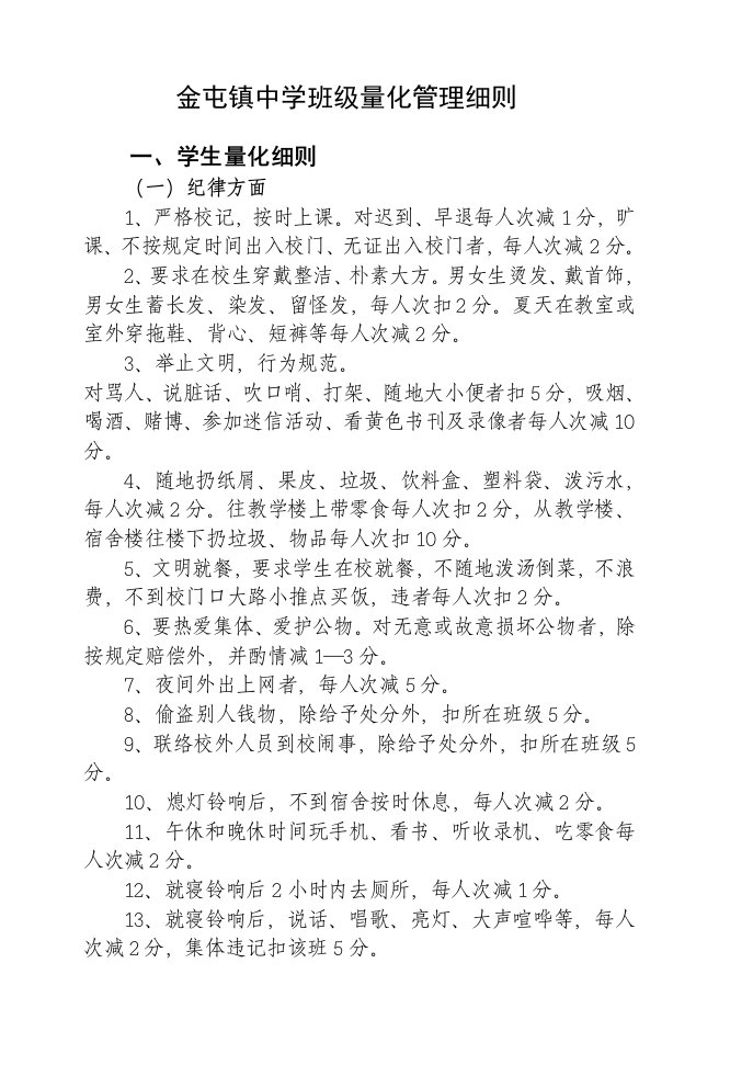 中学班级量化管理方案