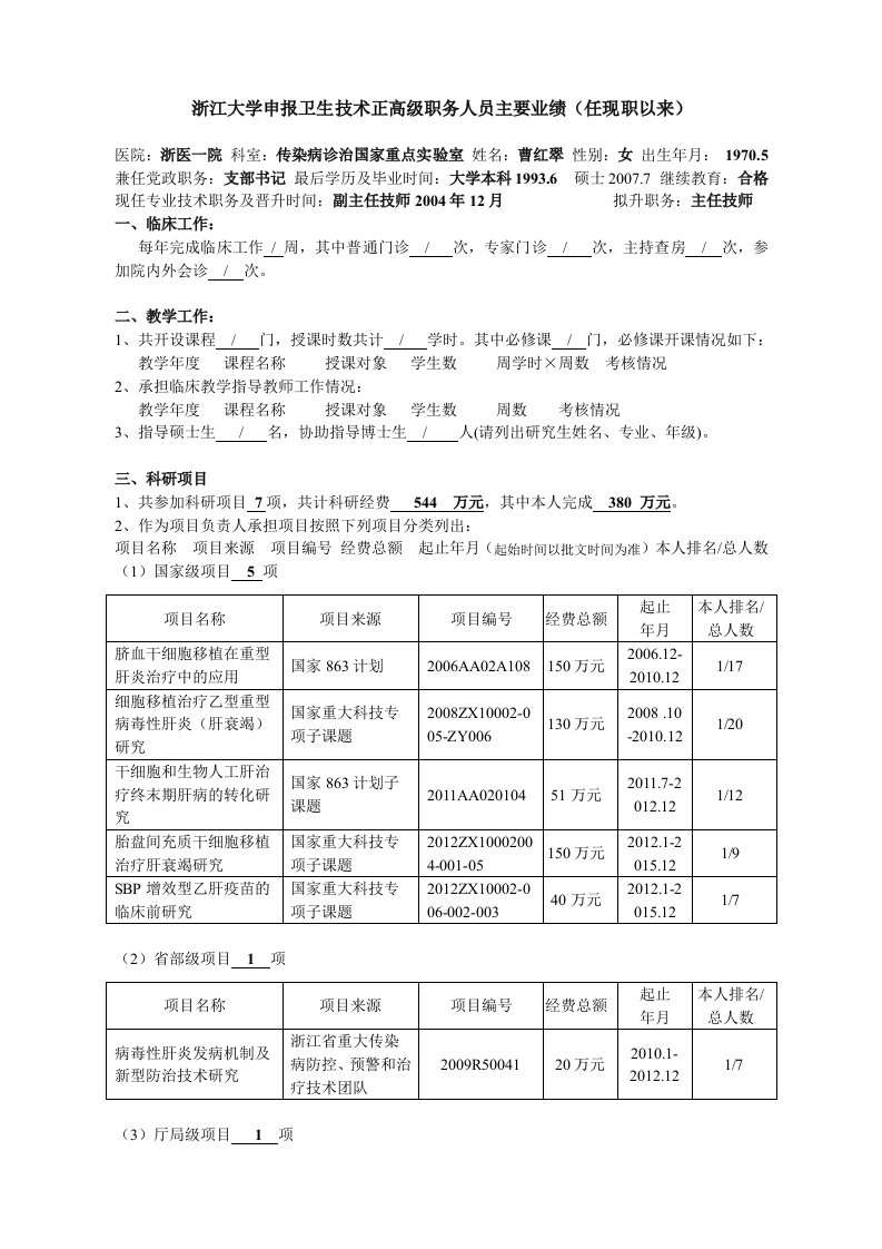 简述浙江大学申报卫生技术正高级职务人员主要业绩（任现职以来）