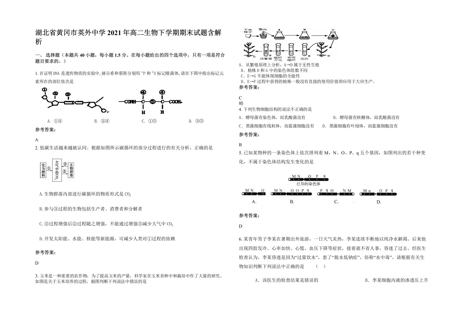 湖北省黄冈市英外中学2021年高二生物下学期期末试题含解析