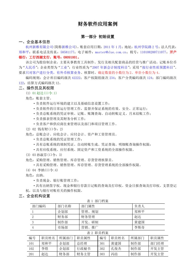 财务软件应用案例会计软件实践资料