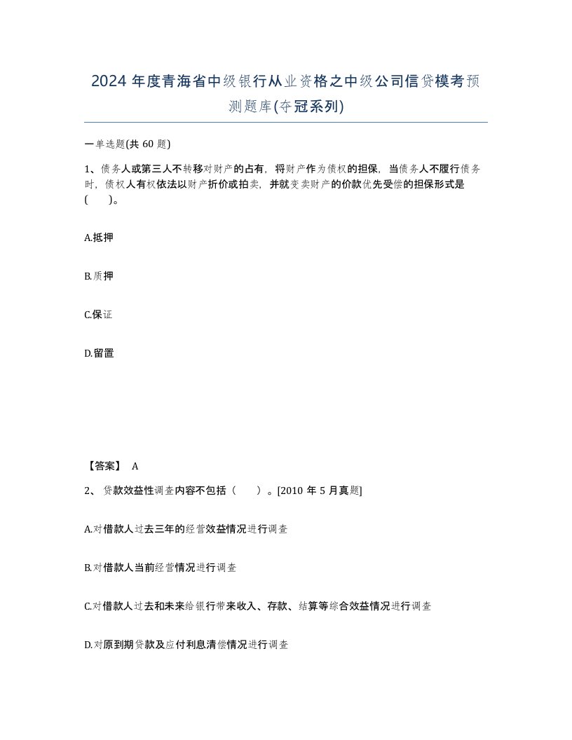 2024年度青海省中级银行从业资格之中级公司信贷模考预测题库夺冠系列