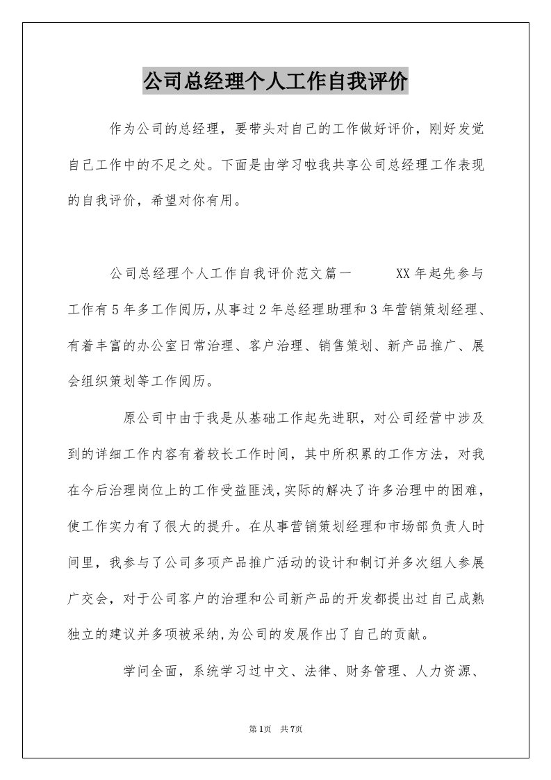 公司总经理个人工作自我评价