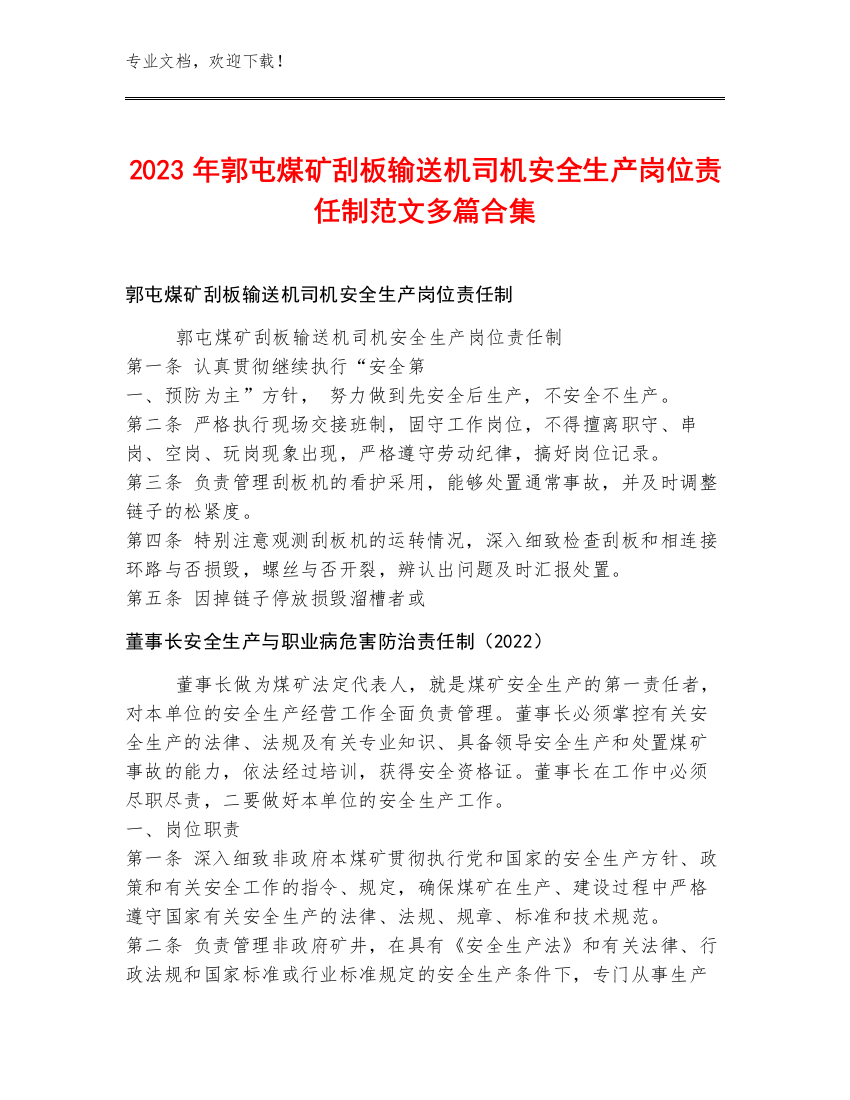 2023年郭屯煤矿刮板输送机司机安全生产岗位责任制范文多篇合集