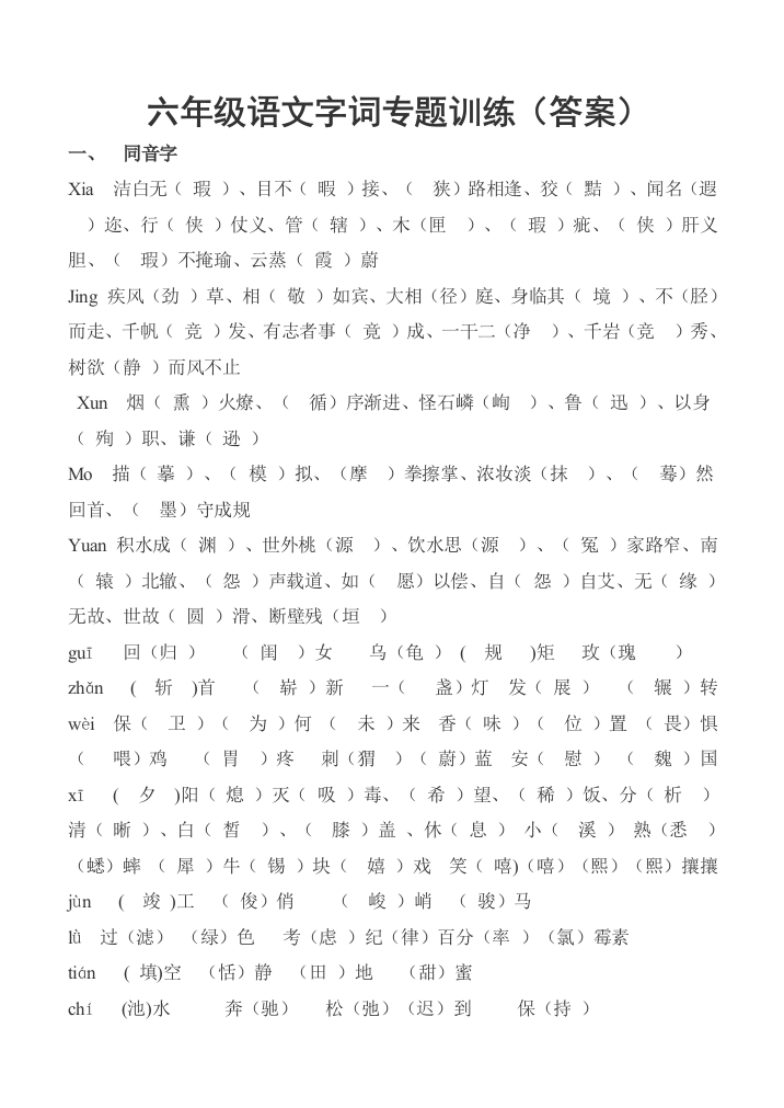 人教版六年级语文下册字词专题训练