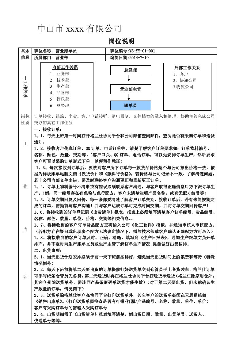 营业部跟单员岗位职责