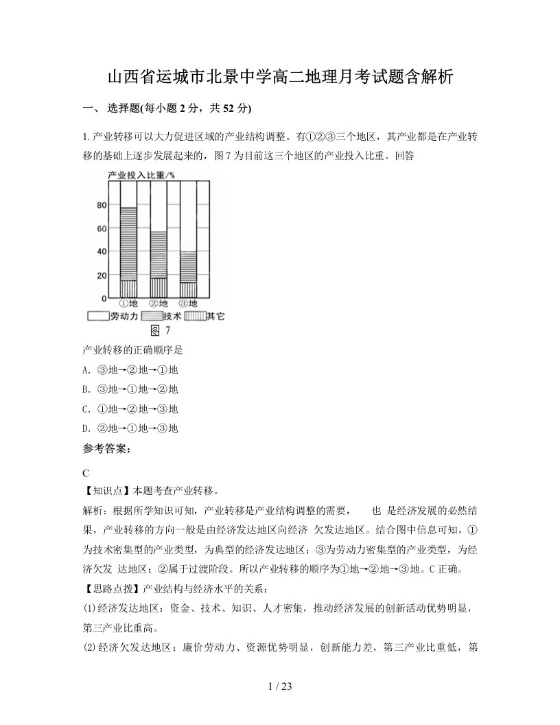 山西省运城市北景中学高二地理月考试题含解析