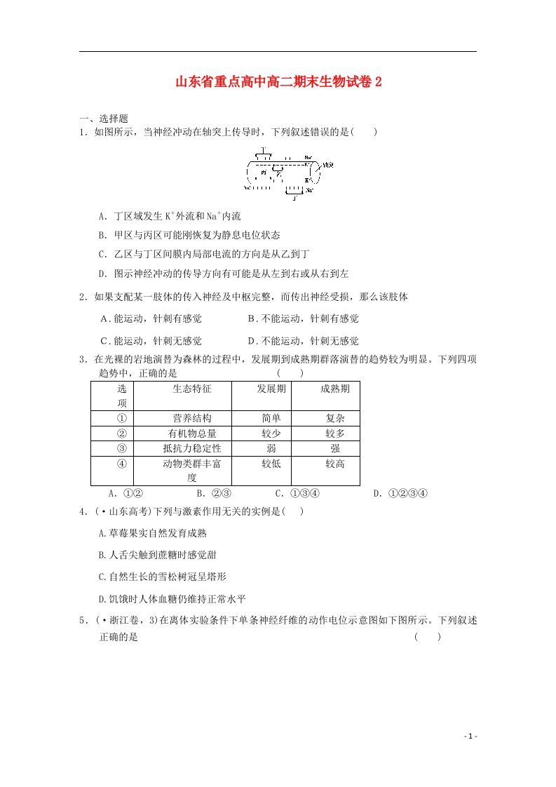 山东省高二生物期末试题2新人教版