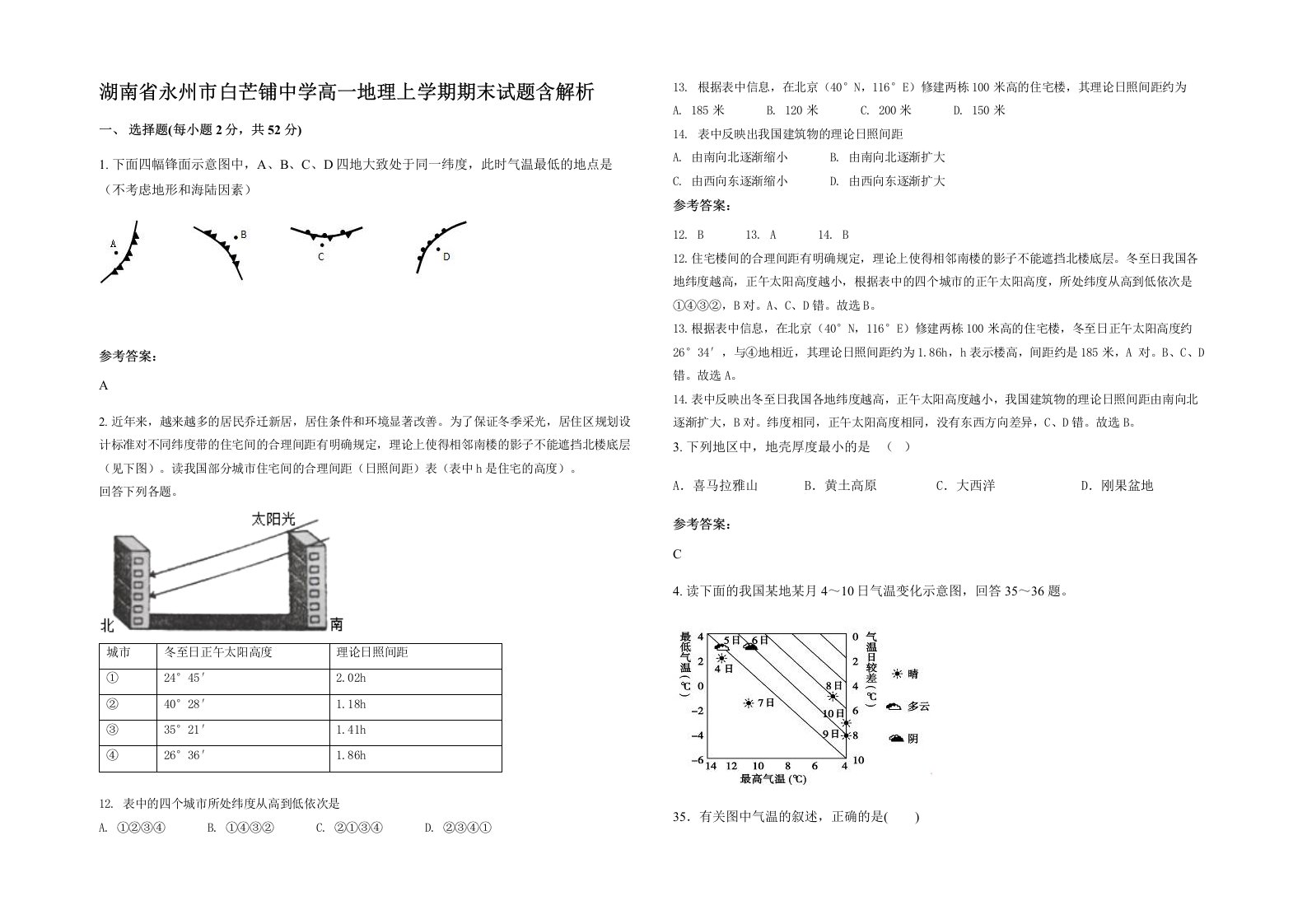 湖南省永州市白芒铺中学高一地理上学期期末试题含解析