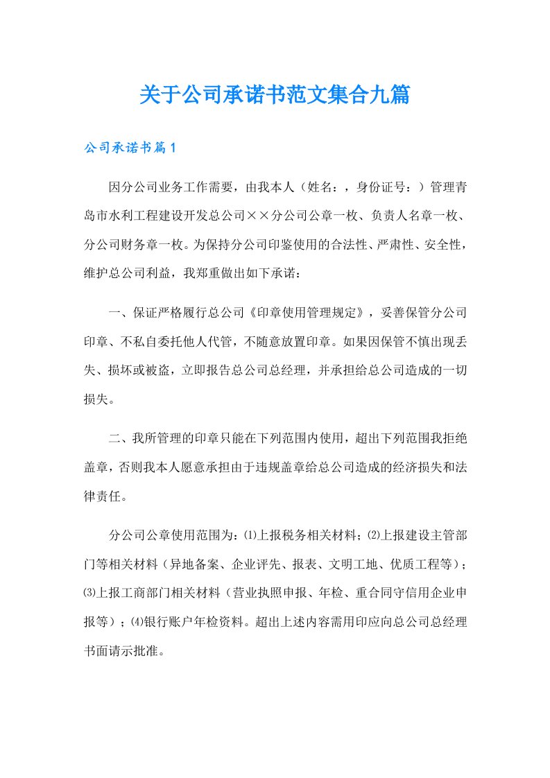 关于公司承诺书范文集合九篇