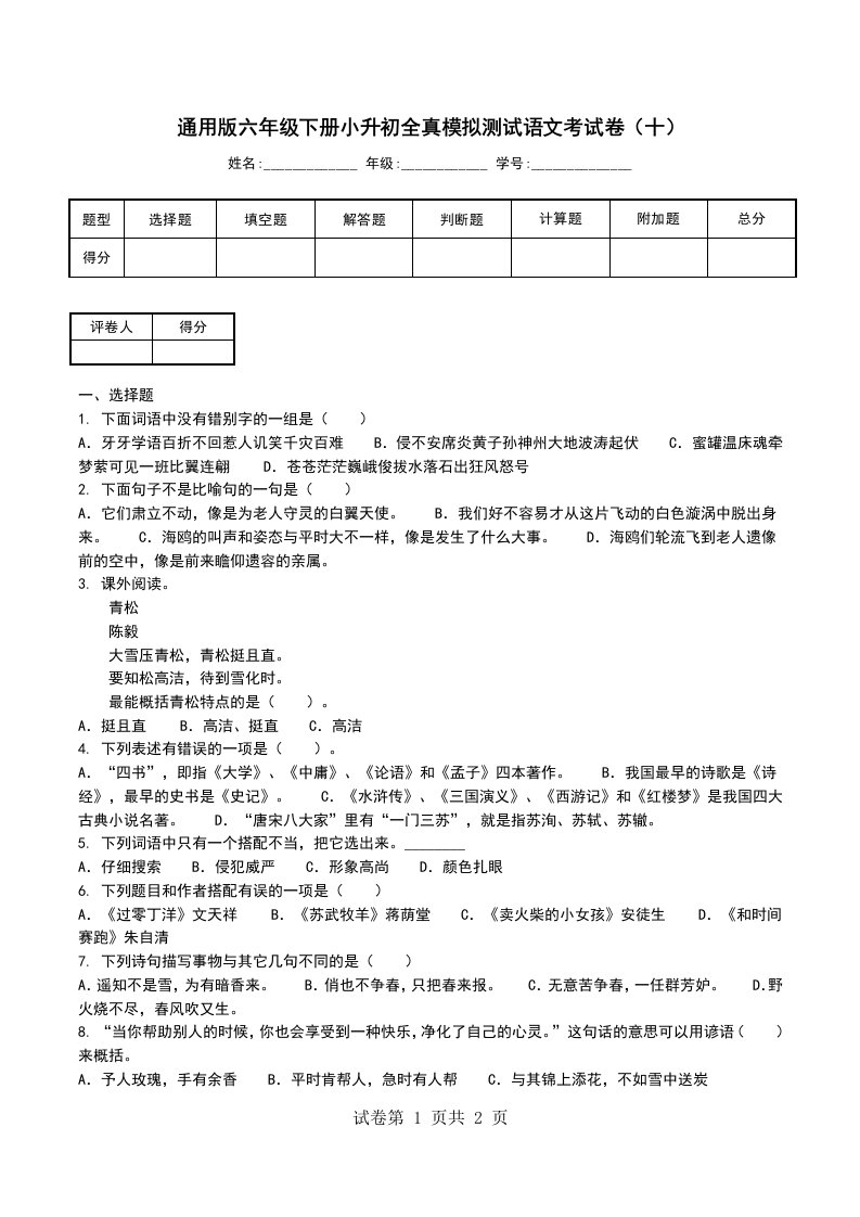 通用版六年级下册小升初全真模拟测试语文考试卷十