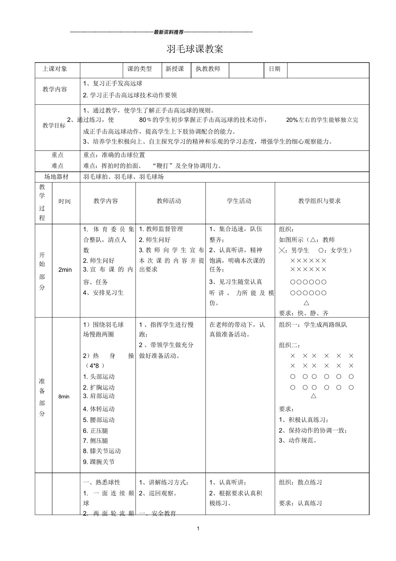 羽毛球正手击高远球教案