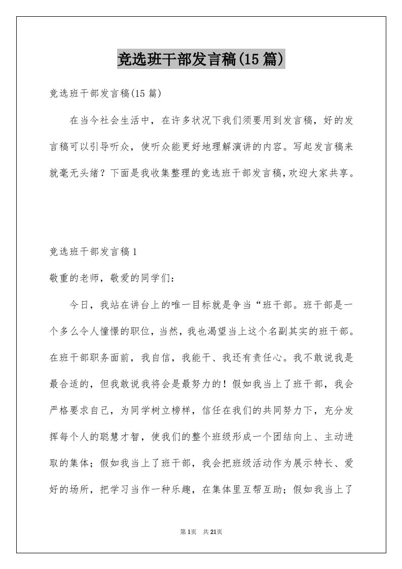 竞选班干部发言稿15篇例文5