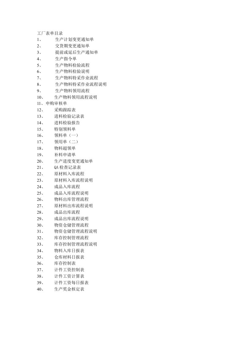 生产型工厂各部门流程和表单