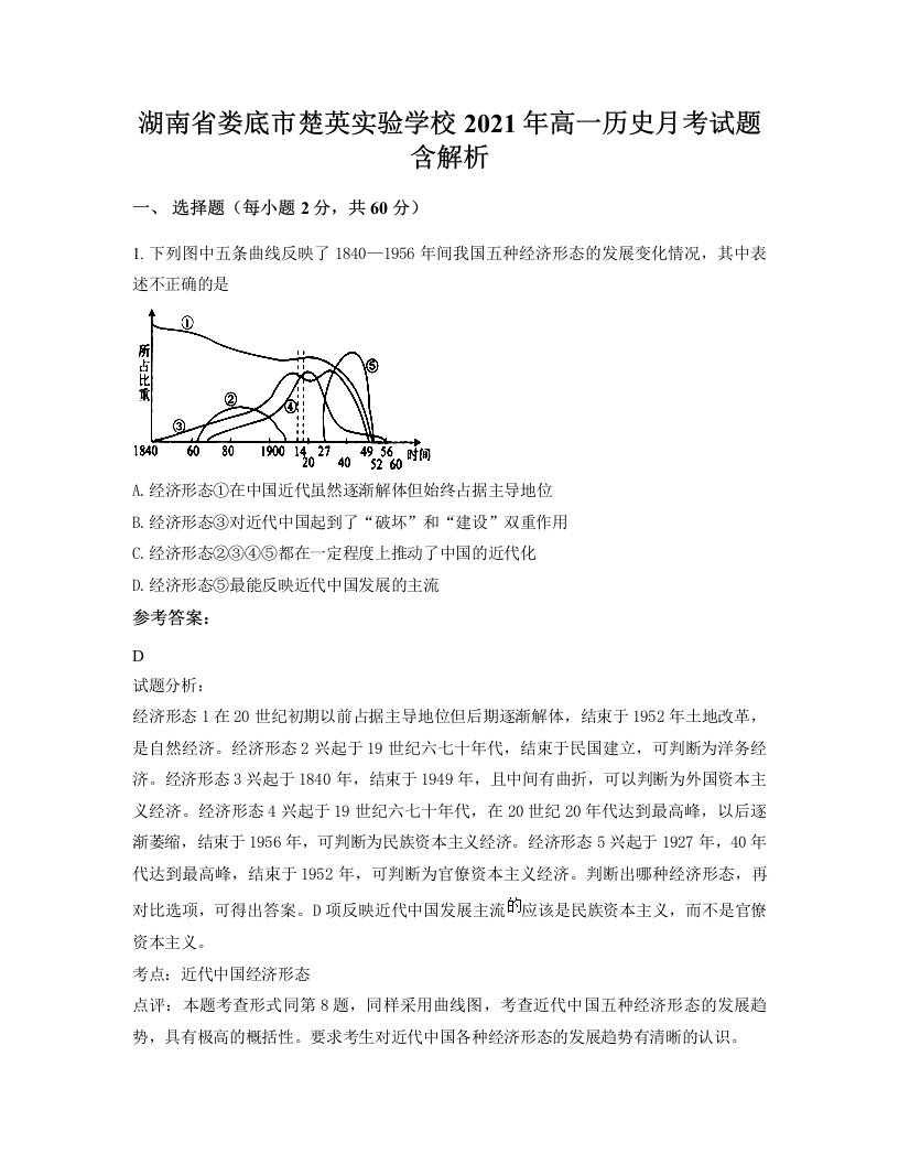 湖南省娄底市楚英实验学校2021年高一历史月考试题含解析