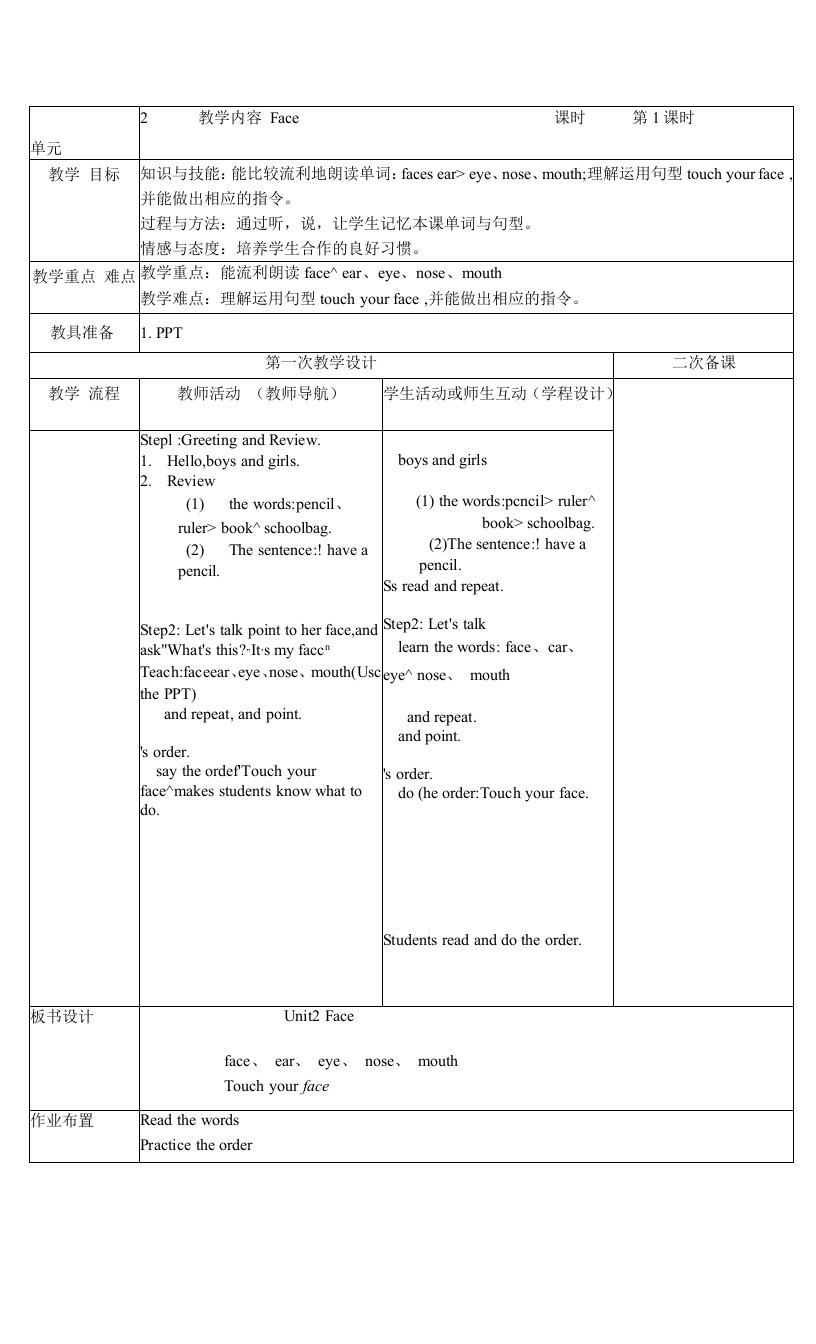 小学英语人教新起点一年级上册（2022年新编）Unit2Faceunit2录课的教案