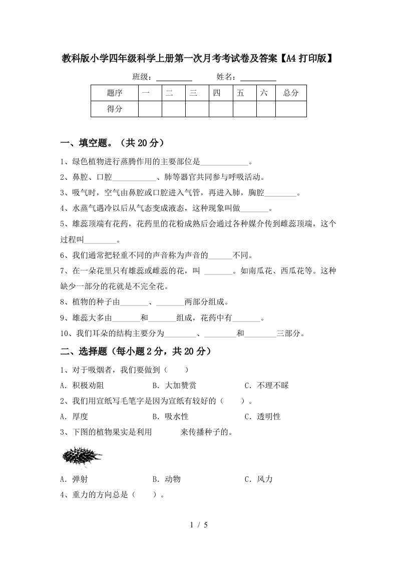 教科版小学四年级科学上册第一次月考考试卷及答案A4打印版