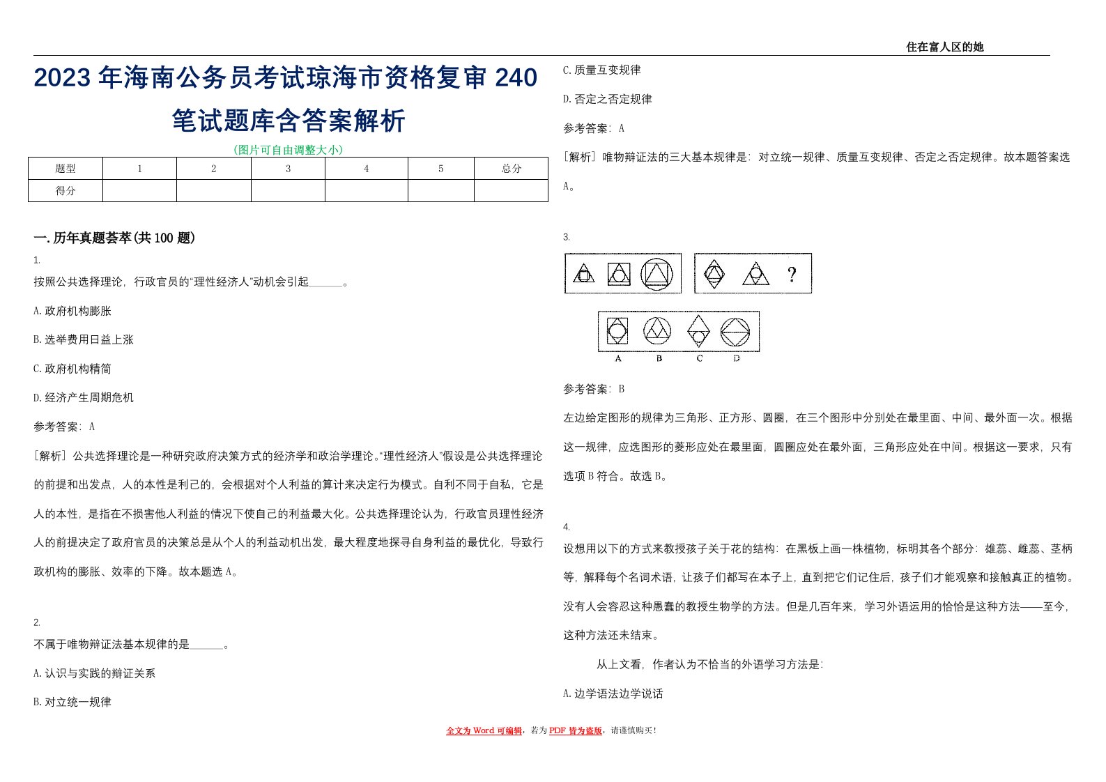 2023年海南公务员考试琼海市资格复审240笔试题库含答案解析