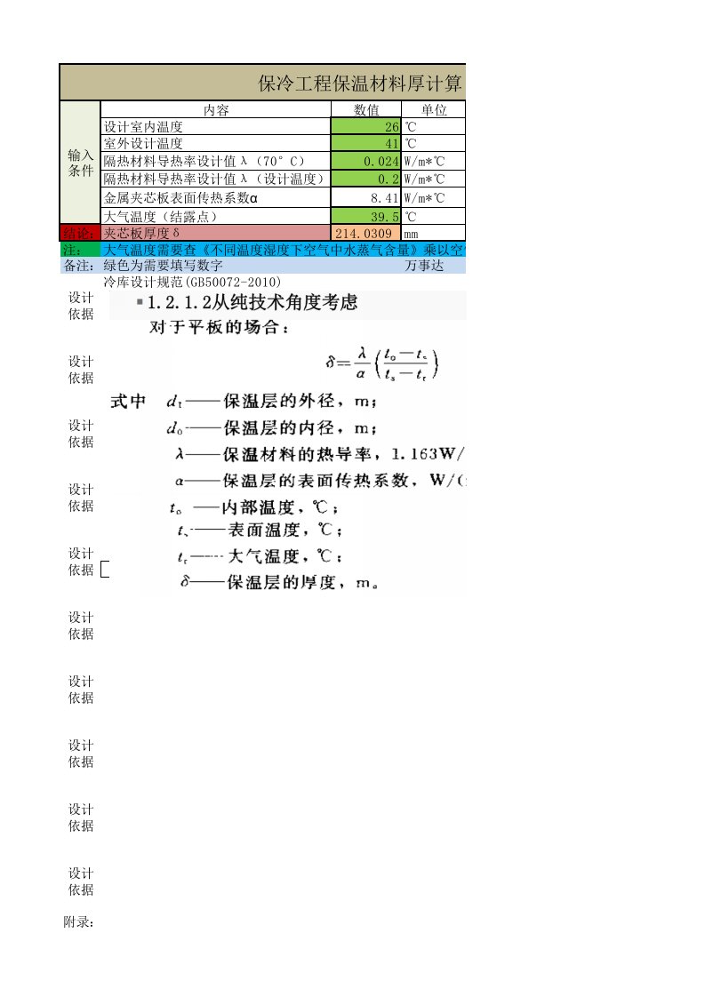 冷库保冷保温层厚度计算表