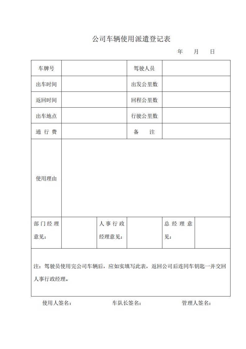 公司车辆使用派遣登记表