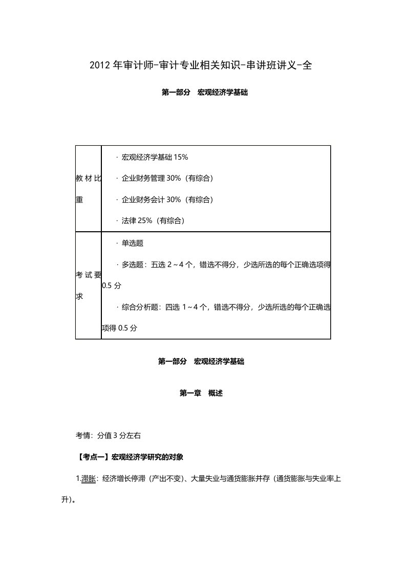 审计师审计专业相关知识串讲班讲义全