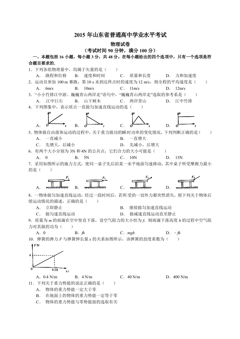 山东省2015年普通高中学业水平考试物理试题(带答案)