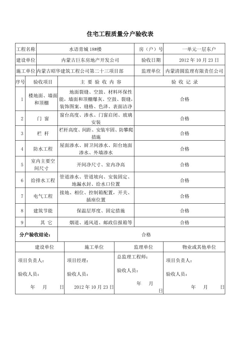 住宅工程质量分户验收表