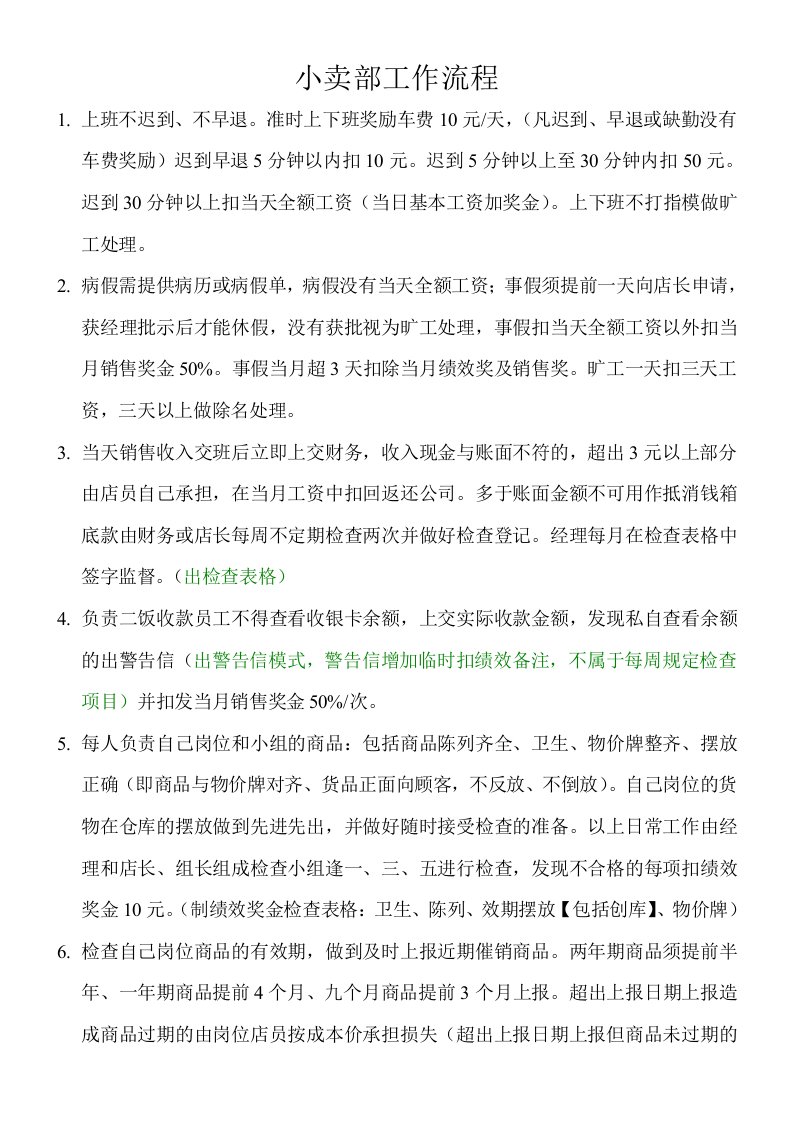 小卖部员工工作及奖惩制度