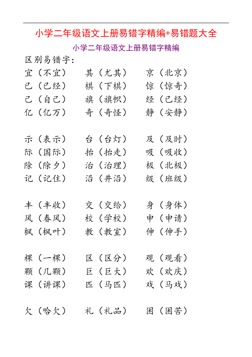 小学二年级语文上册易错字精编+三年级语文易错题大全