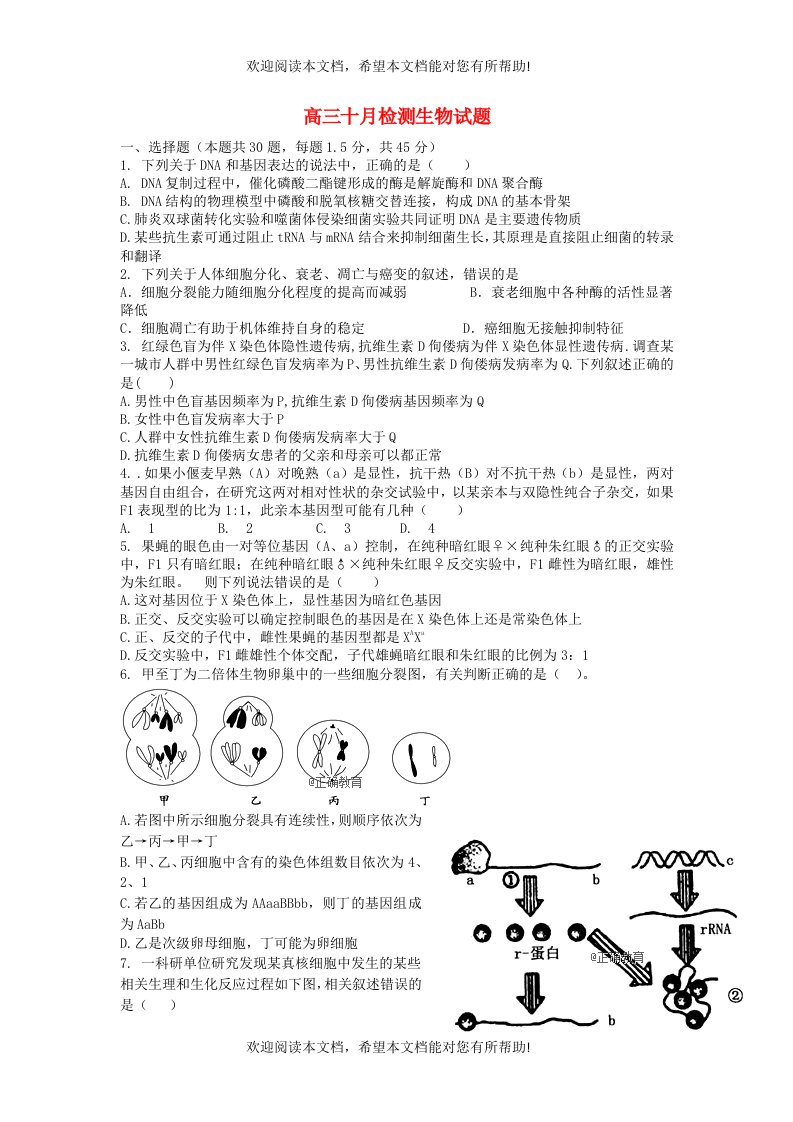 山东省烟台二中2019届高三生物10月月考试题