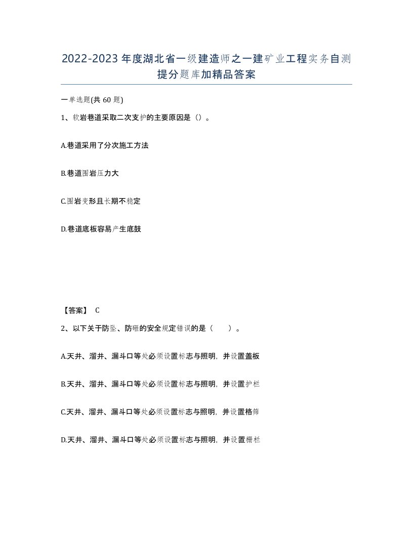 2022-2023年度湖北省一级建造师之一建矿业工程实务自测提分题库加答案