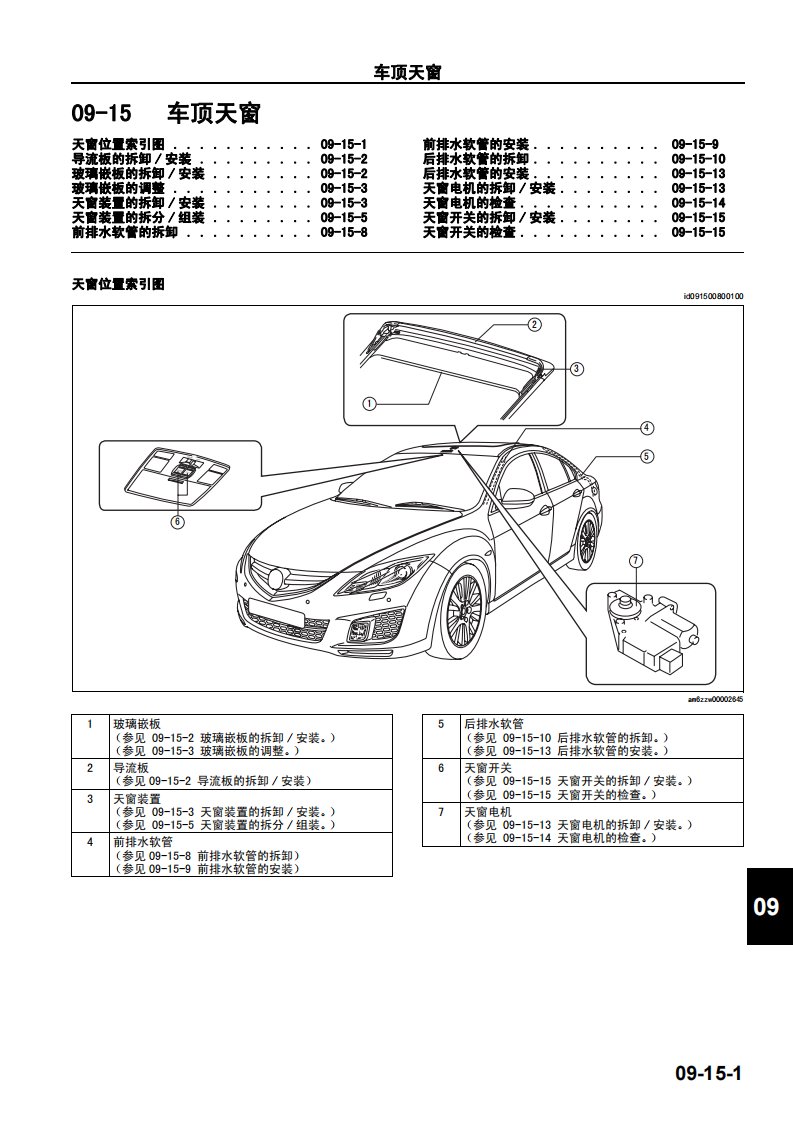 2009款马自达M6睿翼车身车顶天窗维修手册