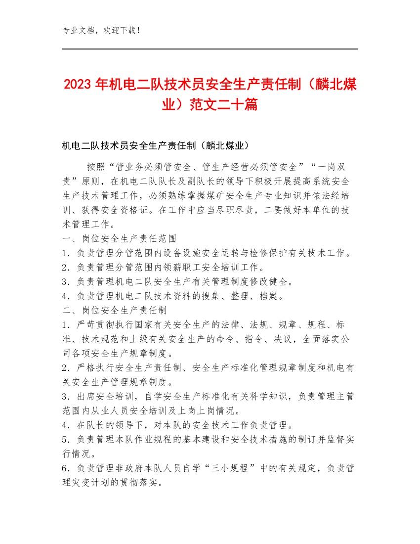 2023年机电二队技术员安全生产责任制（麟北煤业）范文二十篇