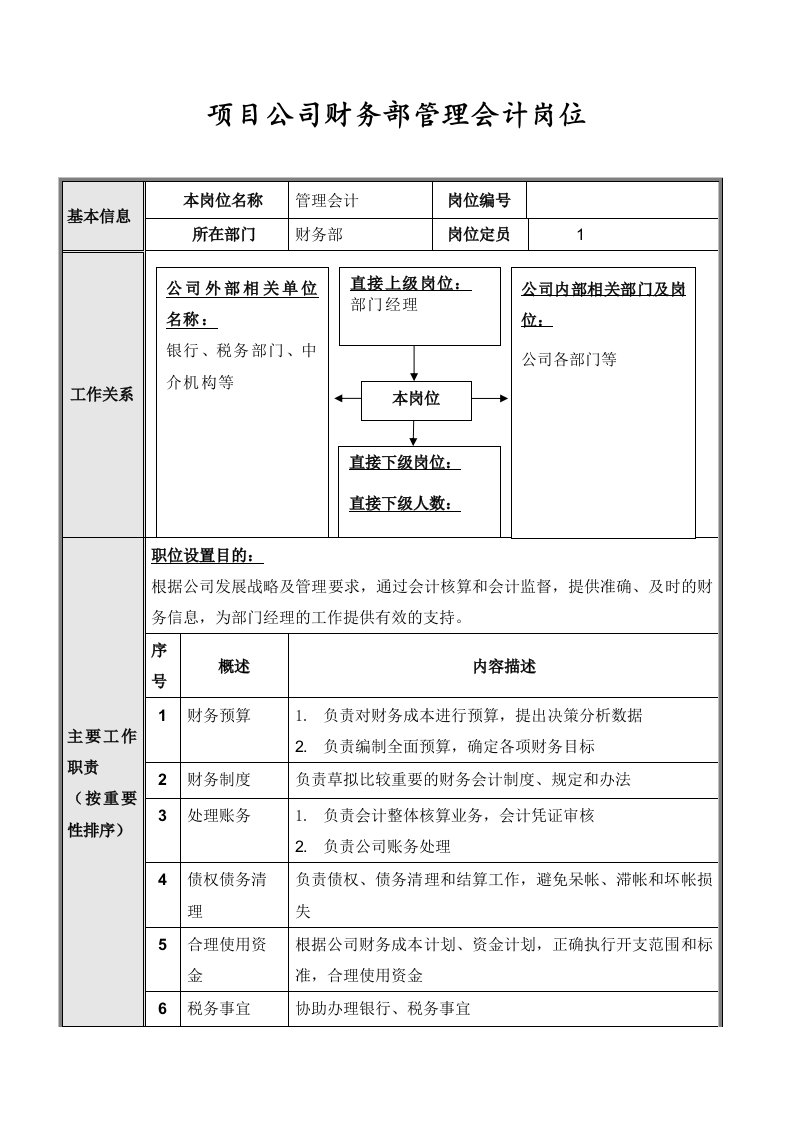 项目公司财务部管理会计岗位说明书