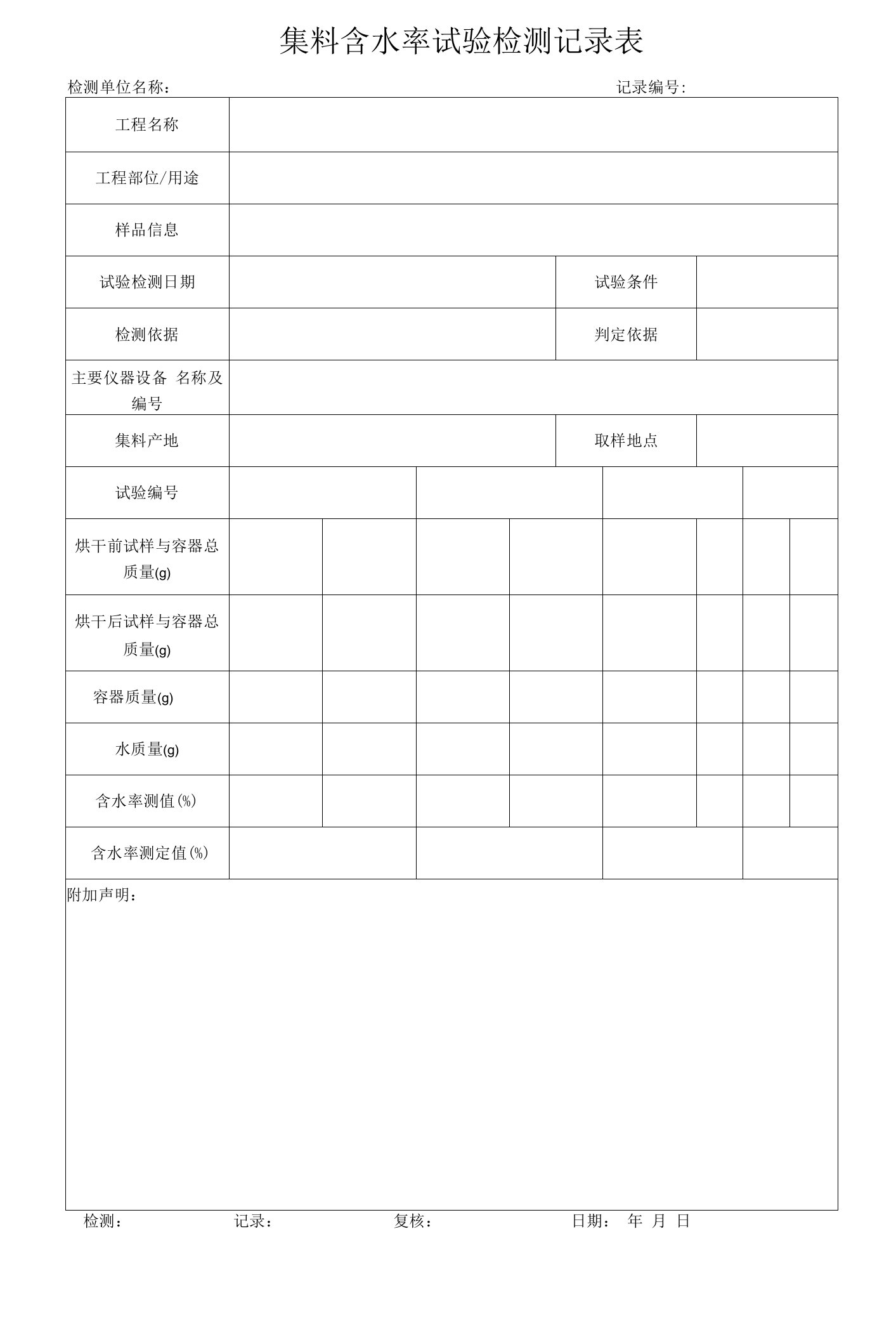 集料含水率试验检测记录表