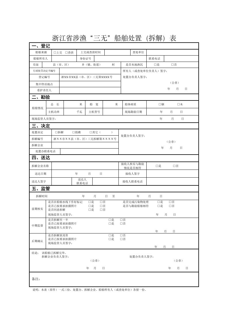 浙江省涉渔“三无”船舶处置（拆解）表